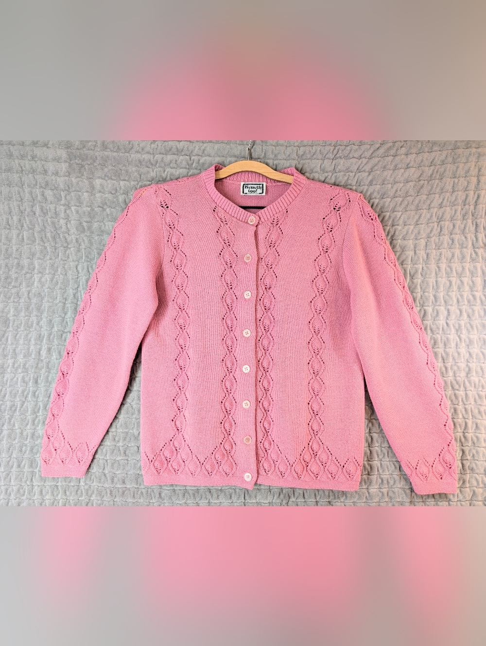 Vintage Pink Knit Cardigan Women's M Kenneth Too Brand Cottagecore Grandma USA